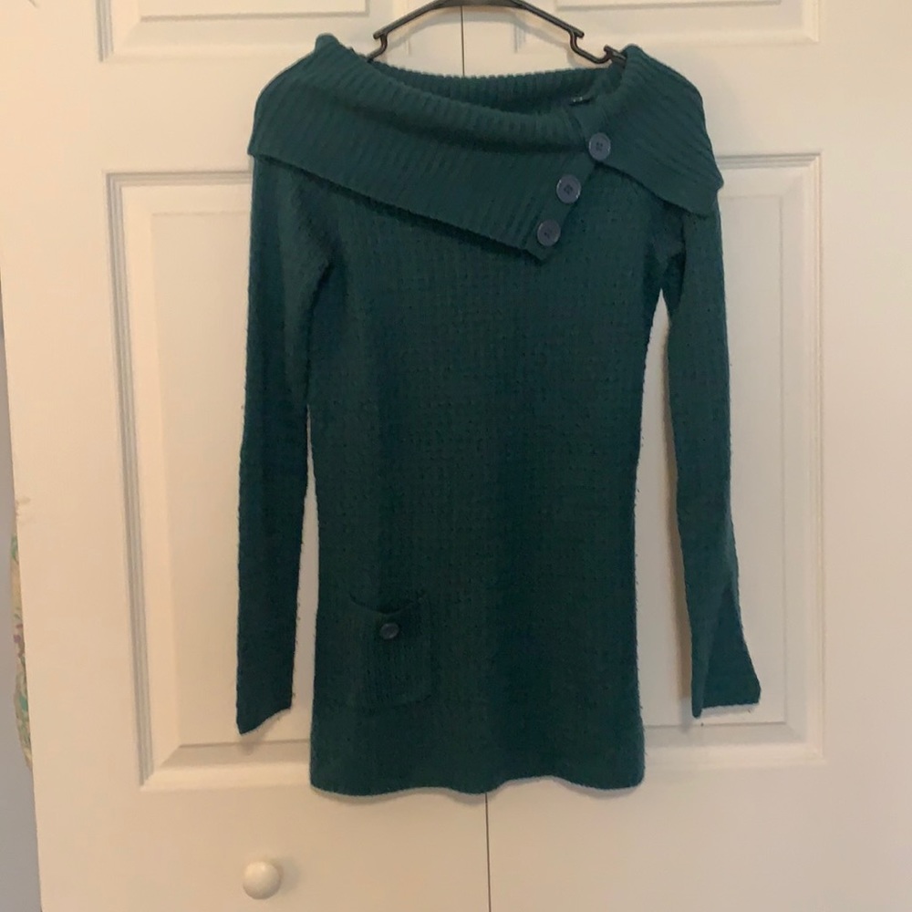Blue green cowl neck sweater. Long sleeved.